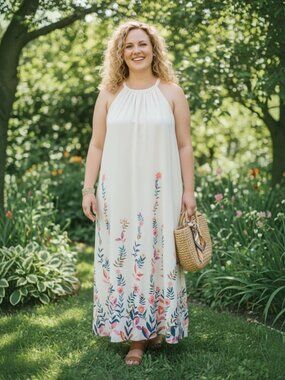 BloomChic Cream Halter Maxi Dress with Floral Border Size 14/16